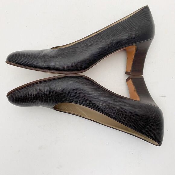 Vintage Salvatore Ferragamo Pump Women 9 AA Italy Brown Texture Leather Med Heel - Picture 4 of 7